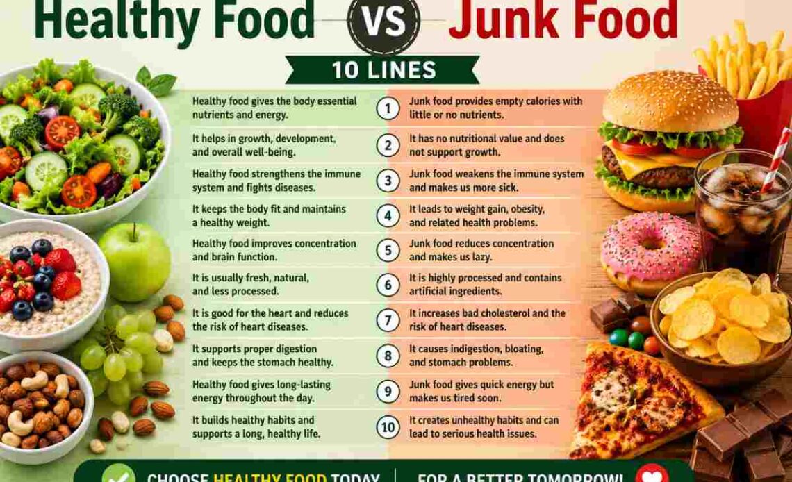 healthy food vs junk food 10 lines